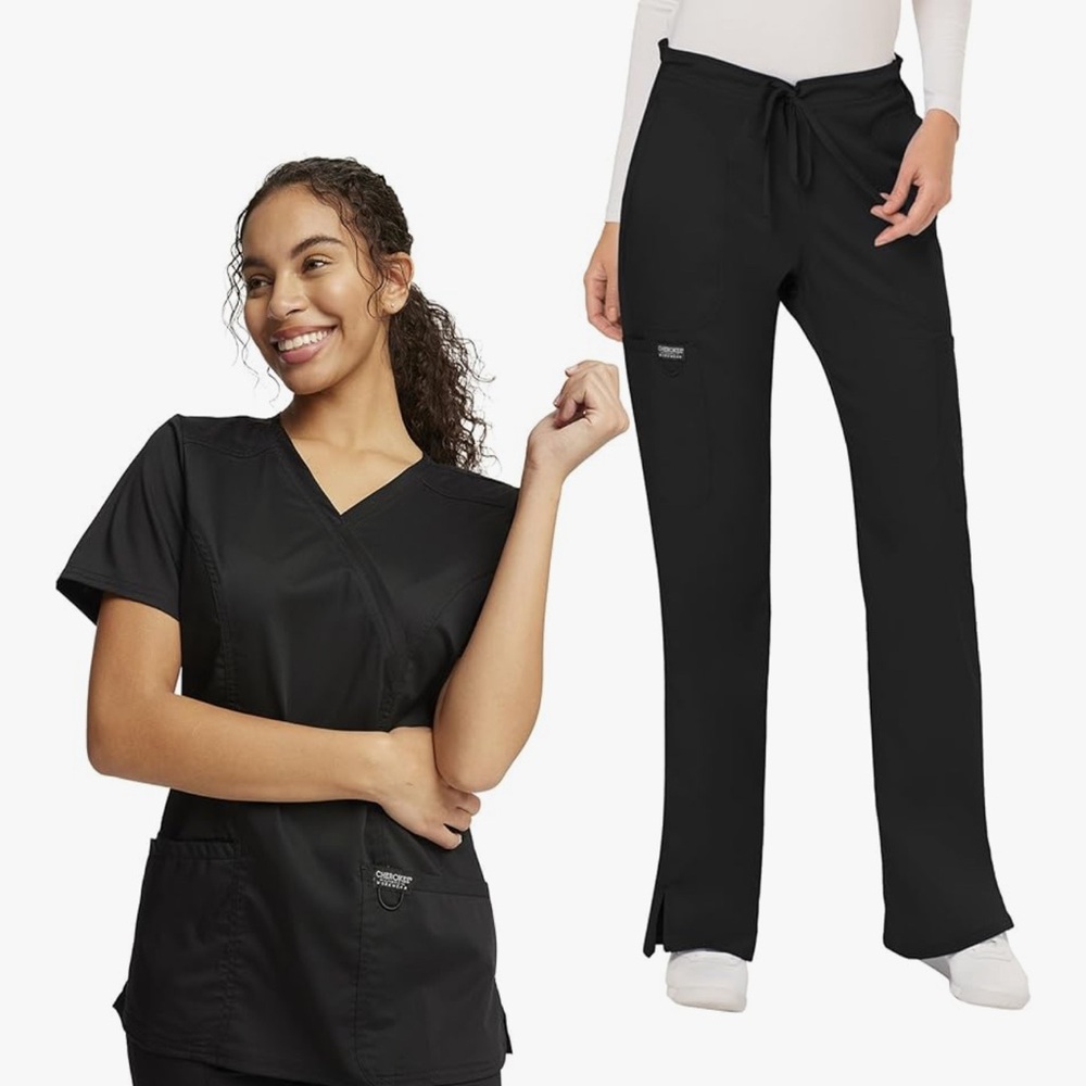 BLACK 2XL Cherokee Scrub Set Top WW610 w/ Mid Rise Flare Drawstring Pant-WW120